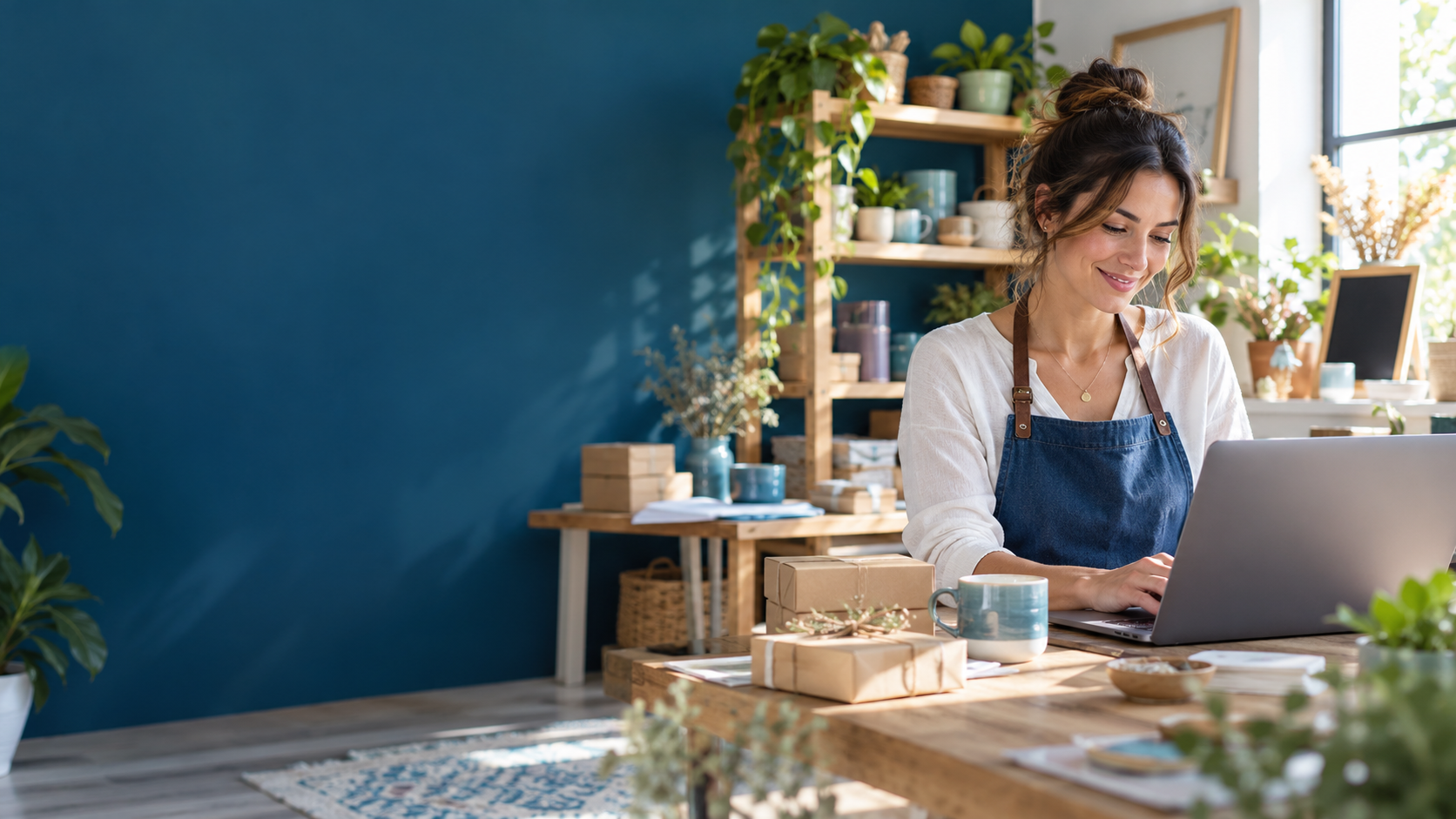 Small business owner working on her website